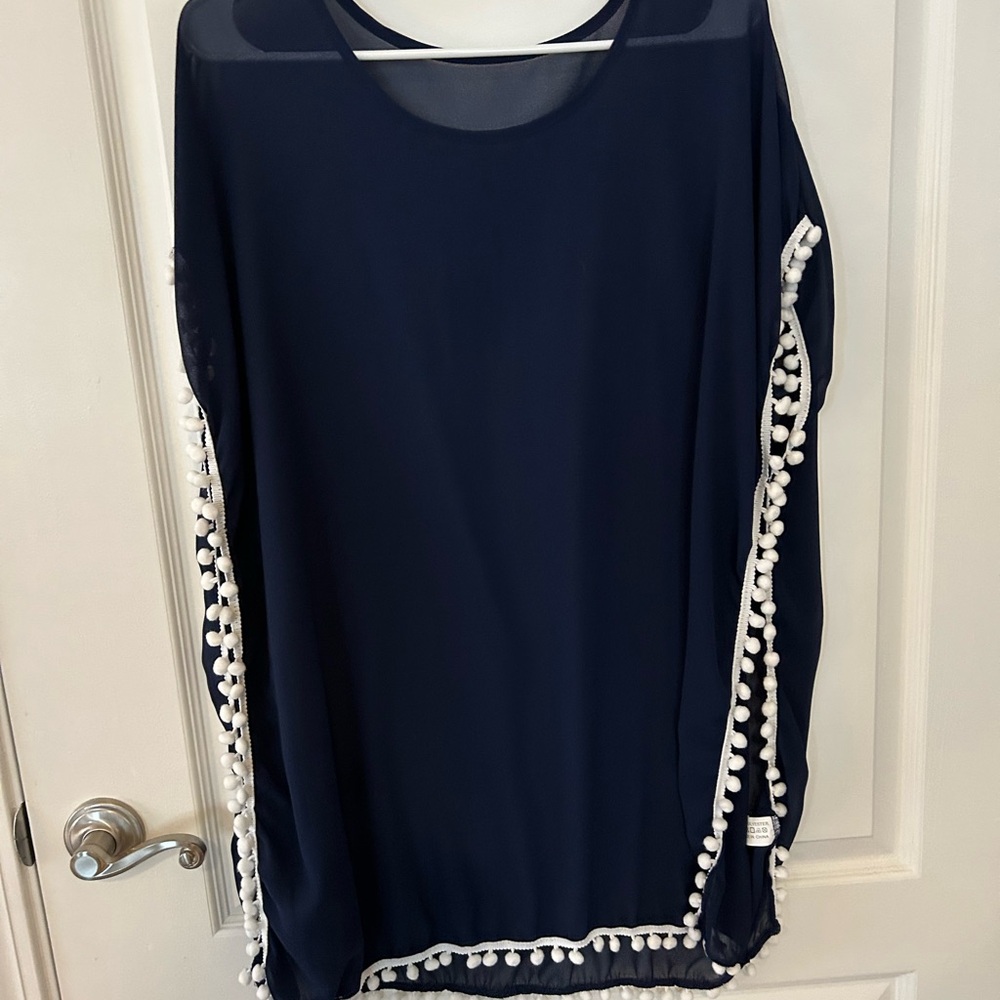 Navy Sheer Pom-Pom Trim Cover-Up
